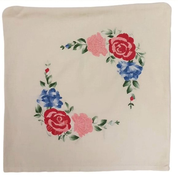 Vintage Handmade Needlepoint Pillow Sham Cabbage Roses 16x16 inch Pillow Cover - Picture 1 of 16